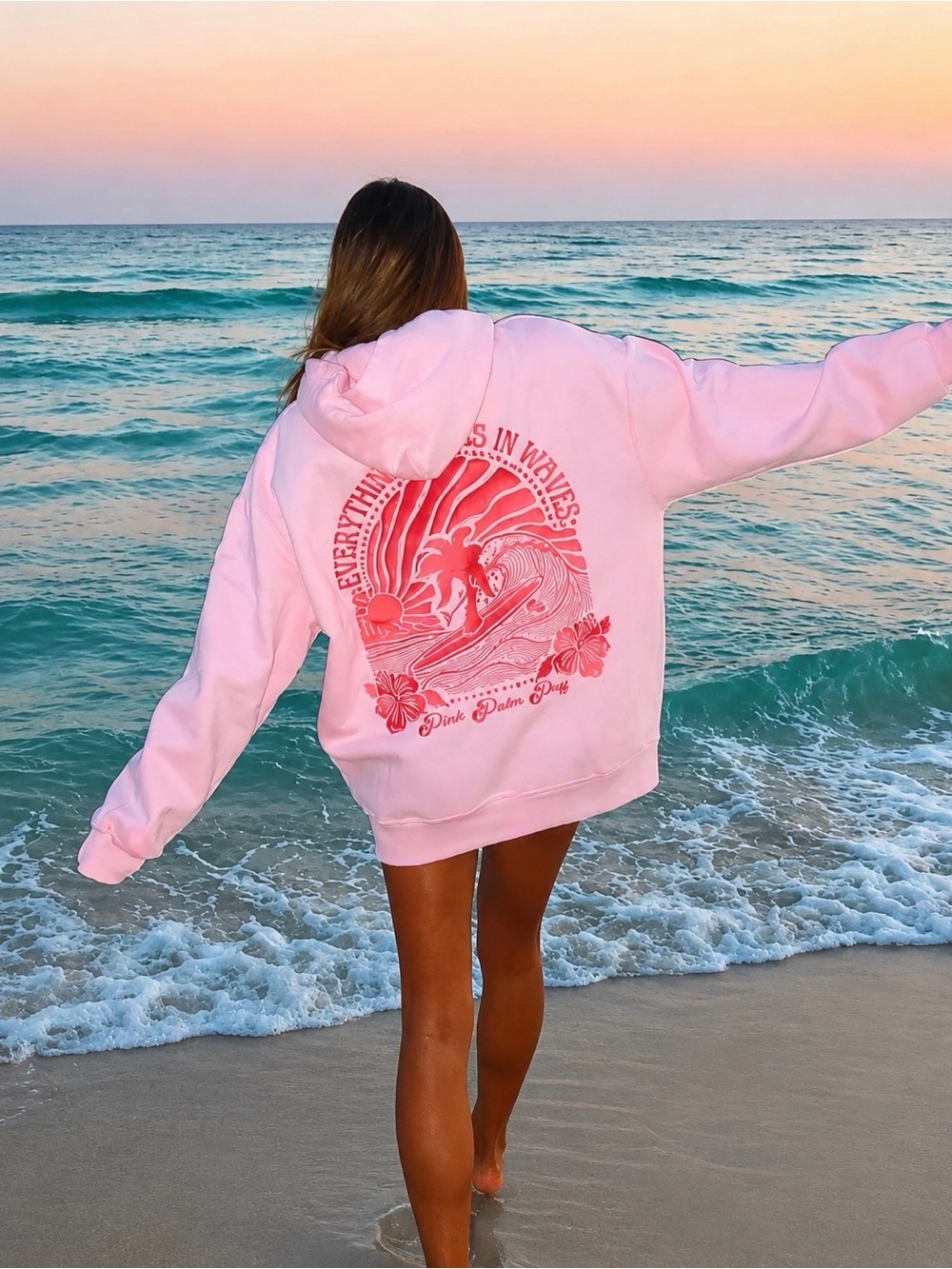 Pink Palm Puff Embroidered Hoodie Everything Comes in Waves Sweatshirt Small